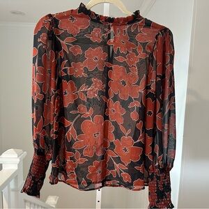 Everleigh High Neck Red and Black Floral Sheer Blouse Small, Excellent Condition